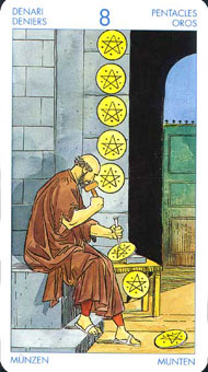 ʥ�׳�ΰ�������� - Universal Waite Tarot - Ǯ�Ұ� - Eight Of Pentacles